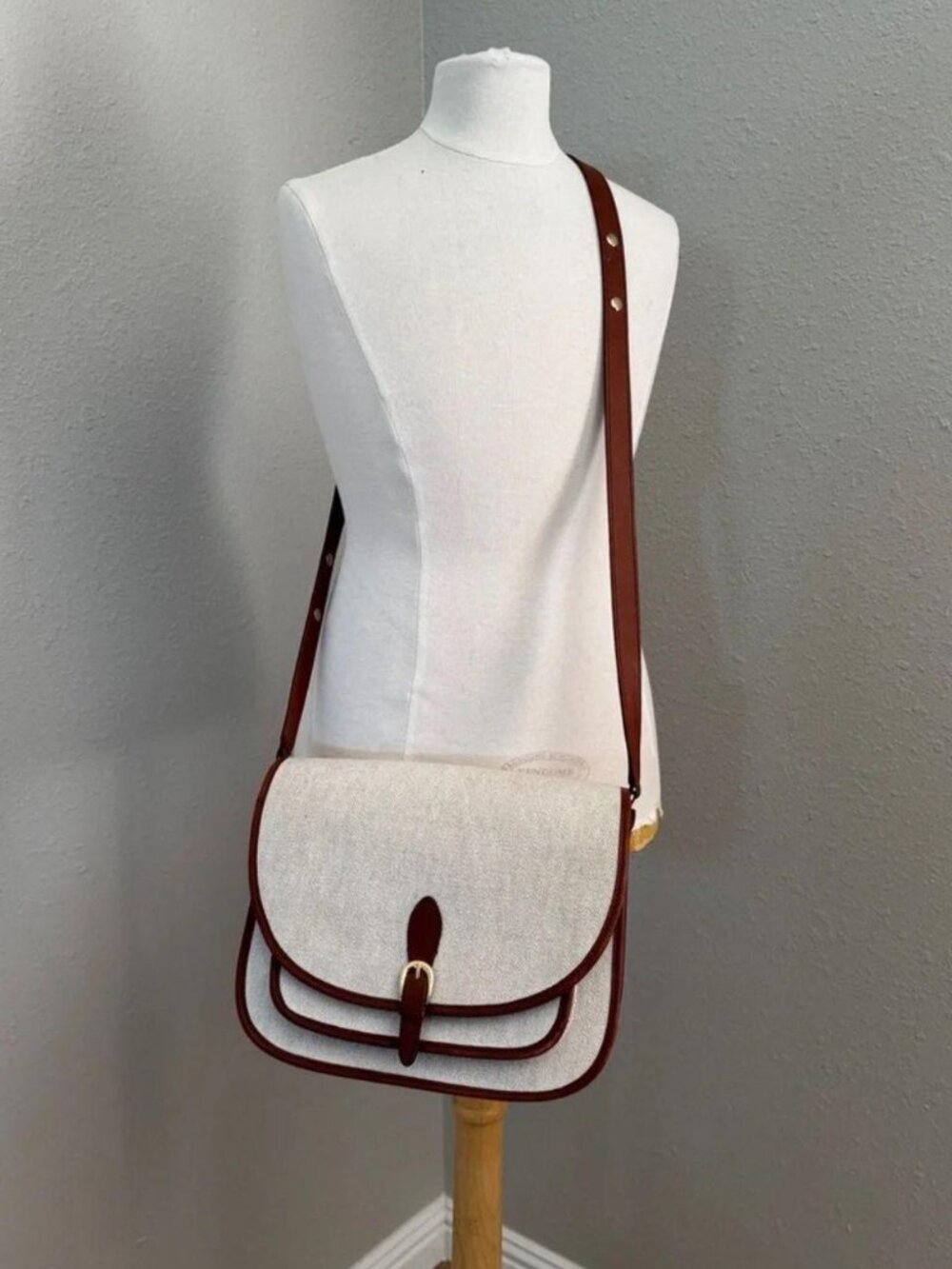 Sezane Romeo Beige cloth and Brown Leather-Trim Crossbody Saddle Bag